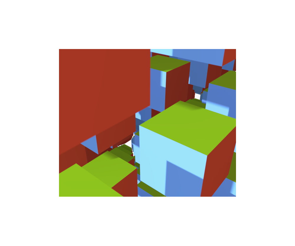 Abstrakte szenische 3D-Kunst, Raytracing, 2019. 10 x 10 x 10 im leeren Raum schwebende Würfel mit roten, grünen und blauen Seiten, gezeigt aus einer extremem Kamera-Perspektive, die mitten in der Anordnung steht