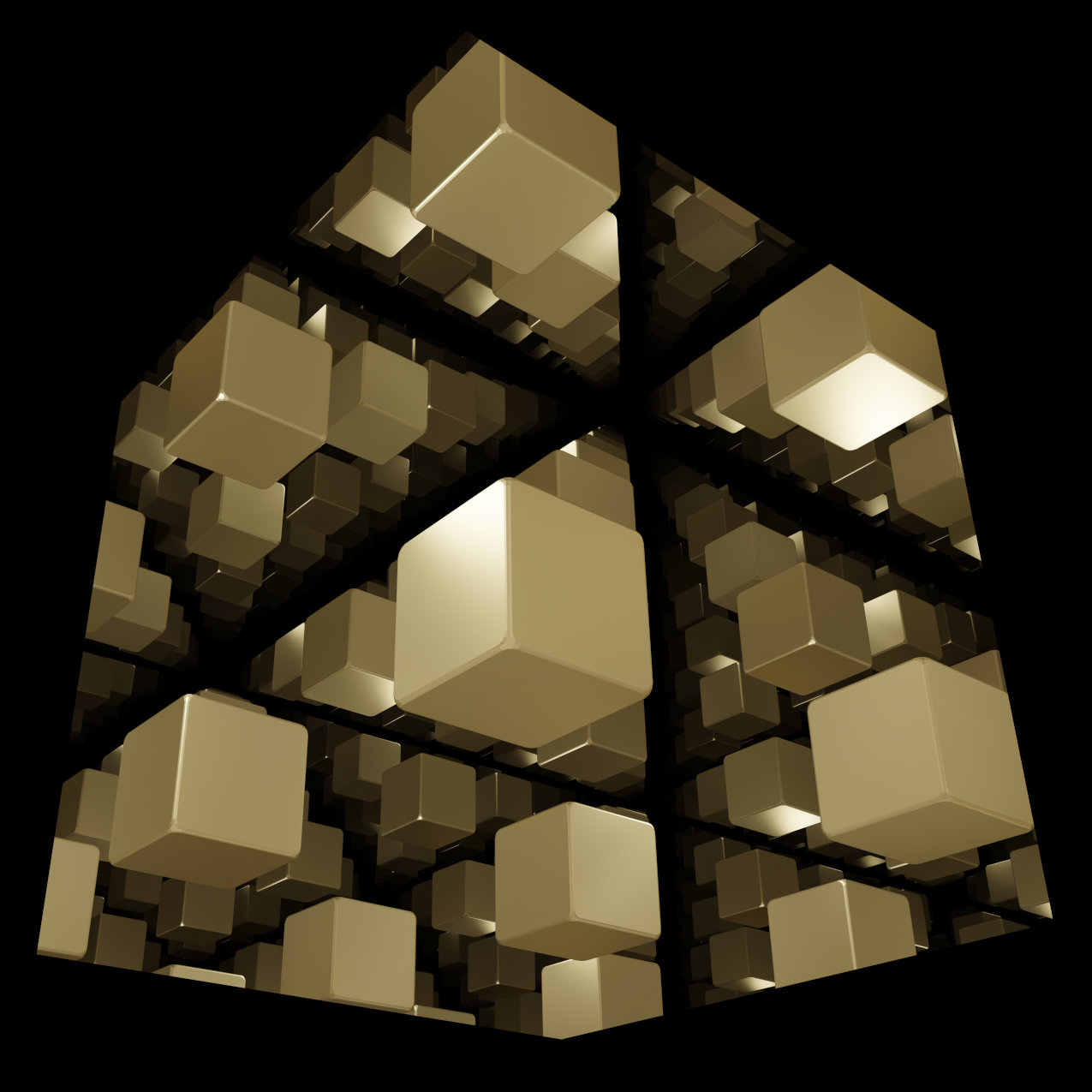 Virtuelle abstrakte Szenerie, Abstrakte digitale Kunst, Virtuelle Fotografie, Computer-gerendertes Bild, 2022. Ein goldener Würfel erscheint in vielen Spiegelbildern in drei Raumrichtungen.
