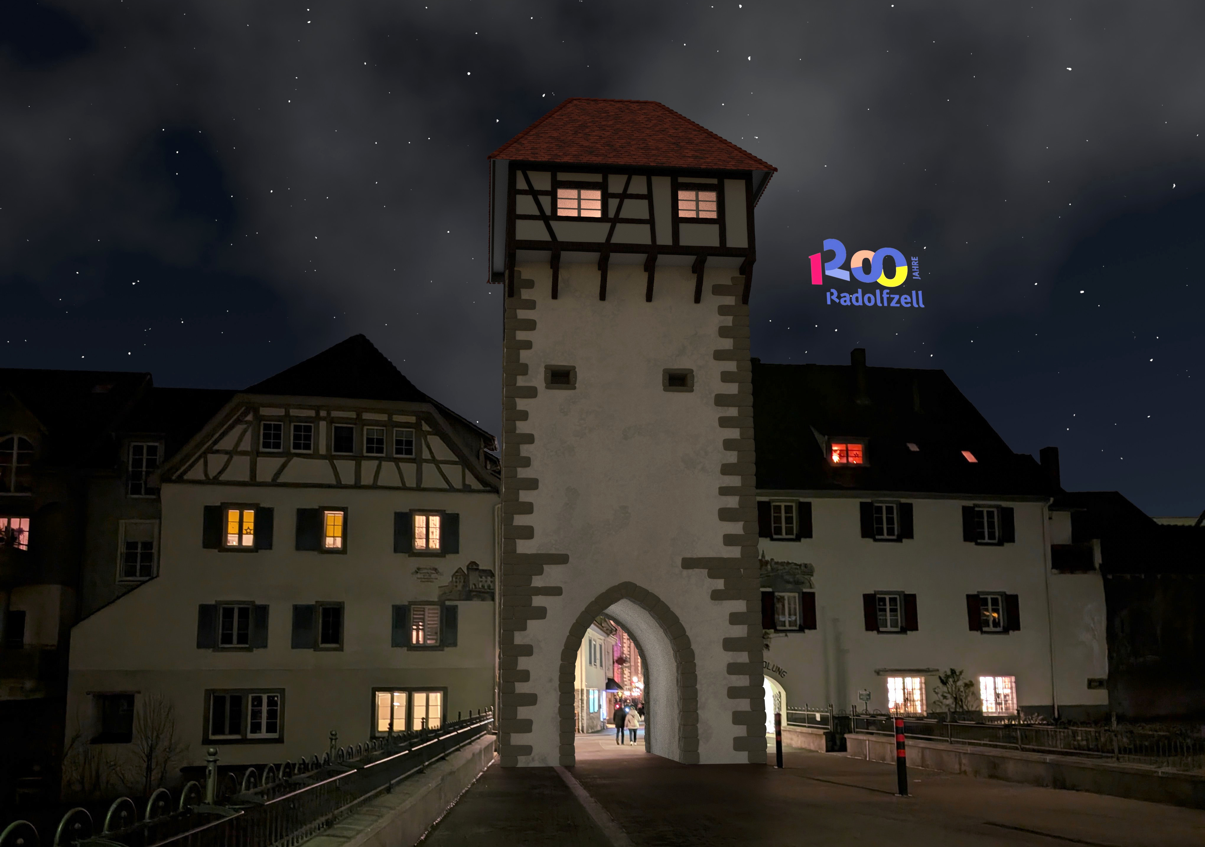 3D-Modell des Obertors Radolfzell bei Nacht.