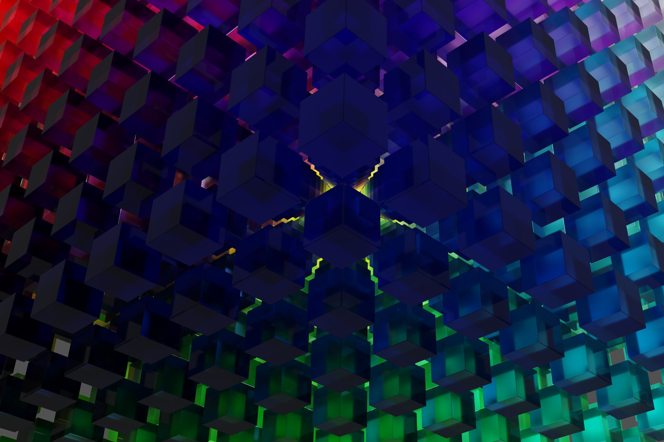Virtual photography, Minimalistic abstract photo art, Limited edition contemporary 3D digital art for collectors, VFX computer-rendered image, 2023. Fine Art Print 60 x 40cm on photographic paper, mounted on Alu-Dibond®. Limited Edition 1/1. 1000 colored glass cubes form one big cube.