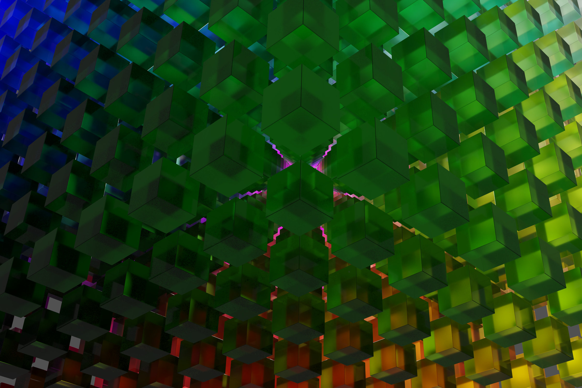 Virtual abstract scenery, Scenic abstract digital contemporary art, Raytracing, Computer-rendered image, 2023. Fine Art Print 60 x 40cm on photographic paper, mounted on Alu-Dibond®. Limited Edition 1/1. 1000 colored glass cubes form one big cube.
