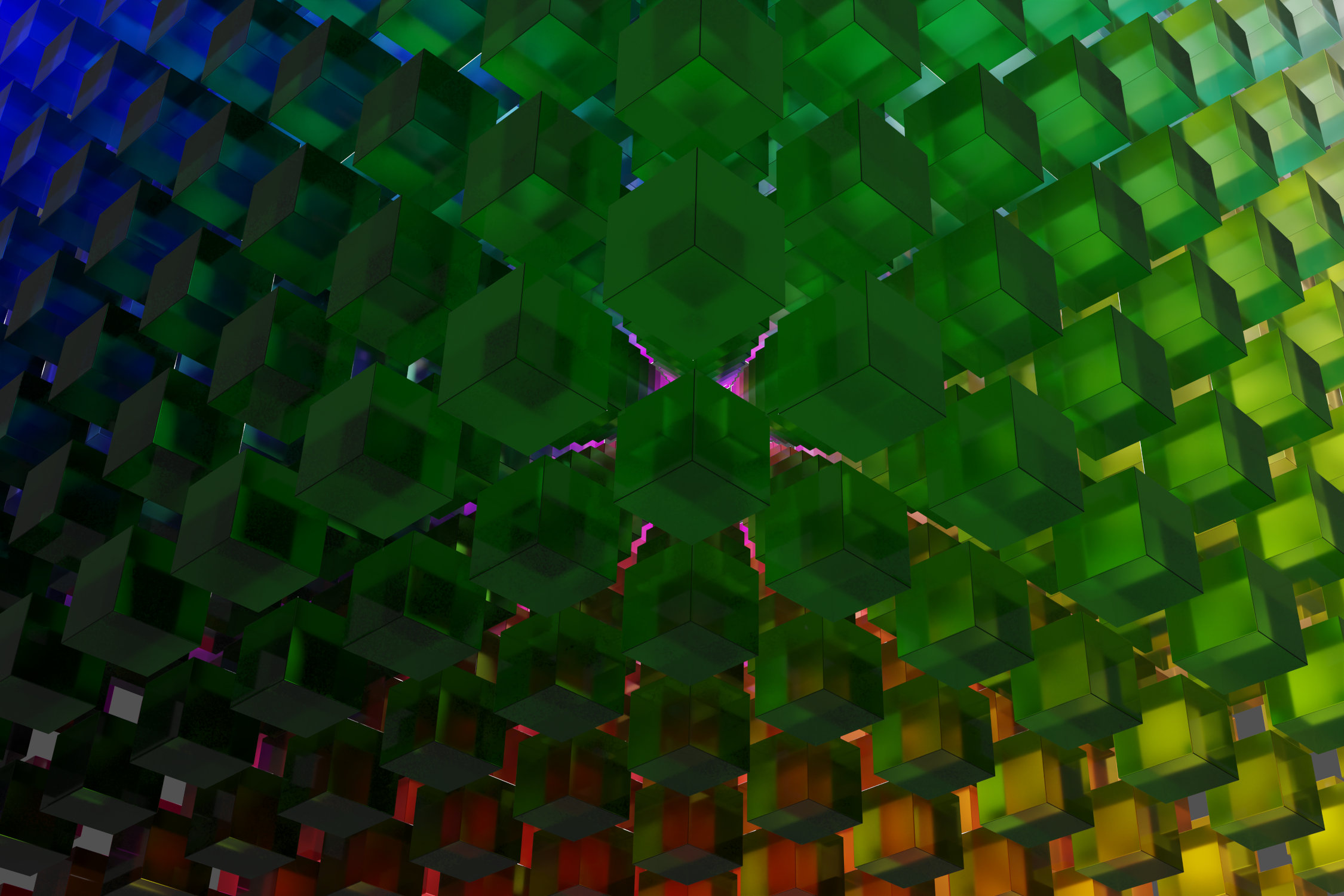 Virtual photography, Minimalistic abstract photo art, Limited edition contemporary 3D digital art for collectors, VFX computer-rendered image, 2023. Fine Art Print 60 x 40cm on photographic paper, mounted on Alu-Dibond®. Limited Edition 1/1. 1000 colored glass cubes form one big cube.