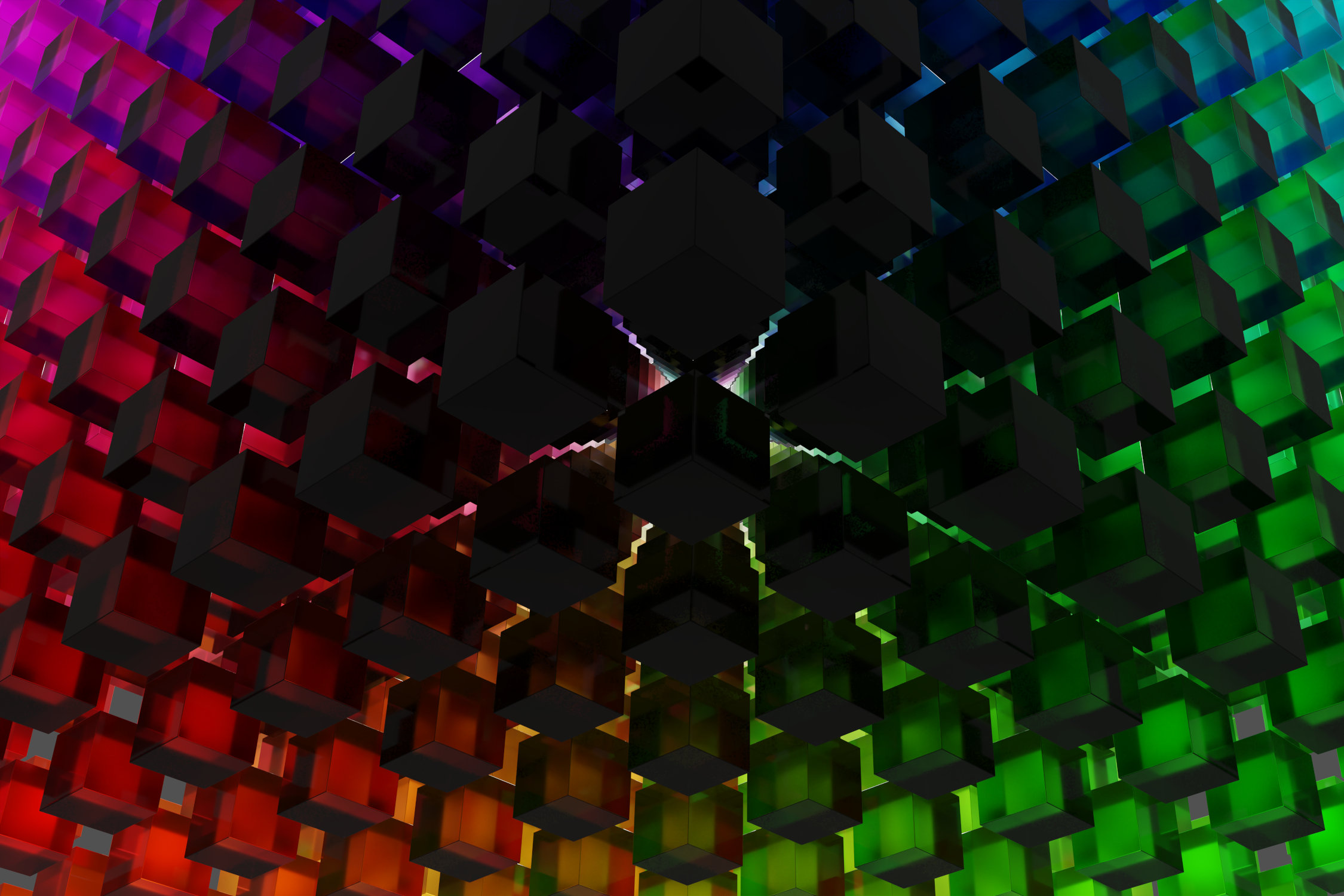 Virtual photography, Minimalistic abstract photo art, Limited edition contemporary 3D digital art for collectors, VFX computer-rendered image, 2023. Fine Art Print 60 x 40cm on photographic paper, mounted on Alu-Dibond®. Limited Edition 1/1. 1000 colored glass cubes form one big cube.