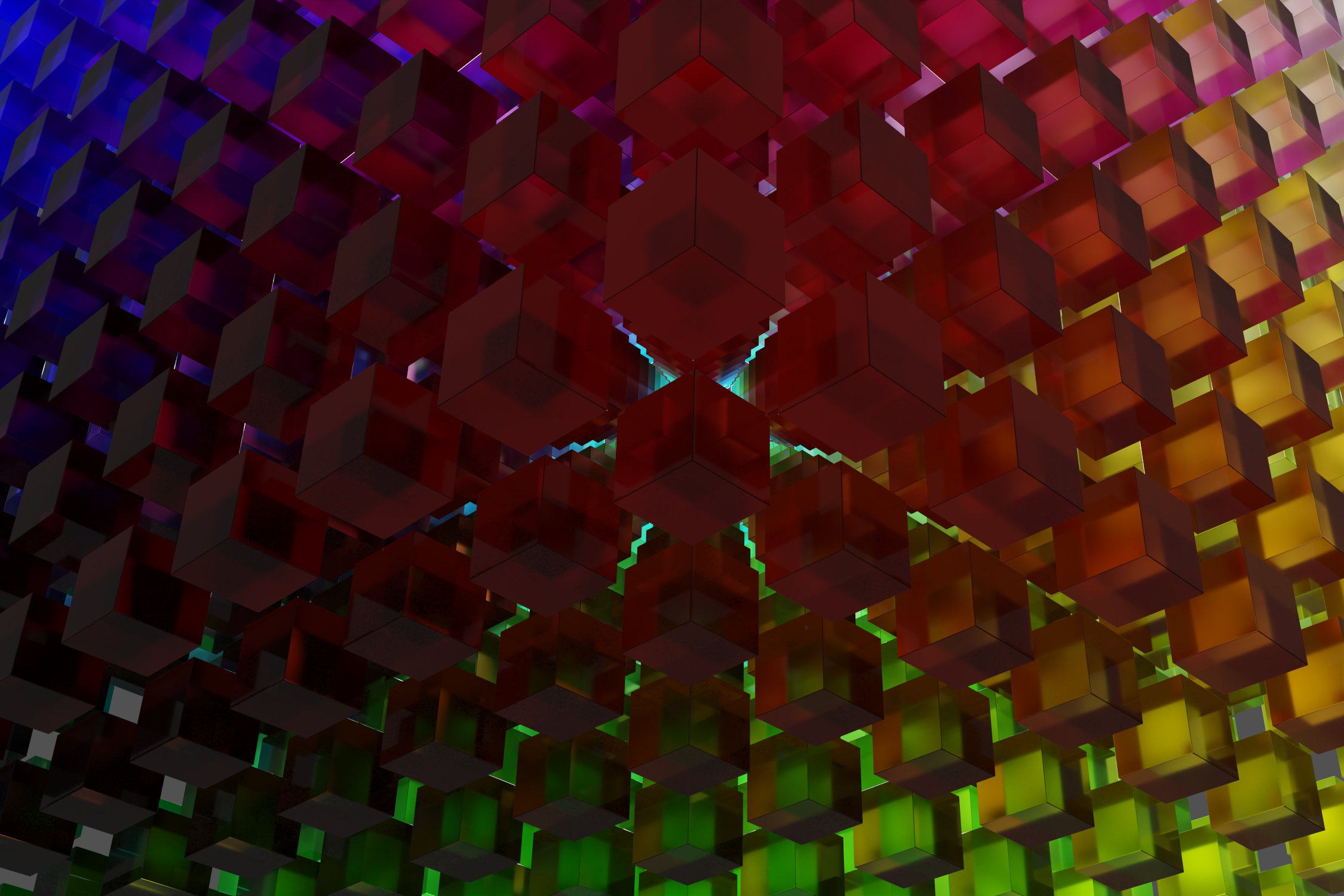 Virtual photography, Minimalistic abstract photo art, Limited edition contemporary 3D digital art for collectors, VFX computer-rendered image, 2023. Fine Art Print 60 x 40cm on photographic paper, mounted on Alu-Dibond®. Limited Edition 1/1. 1000 colored glass cubes form one big cube.