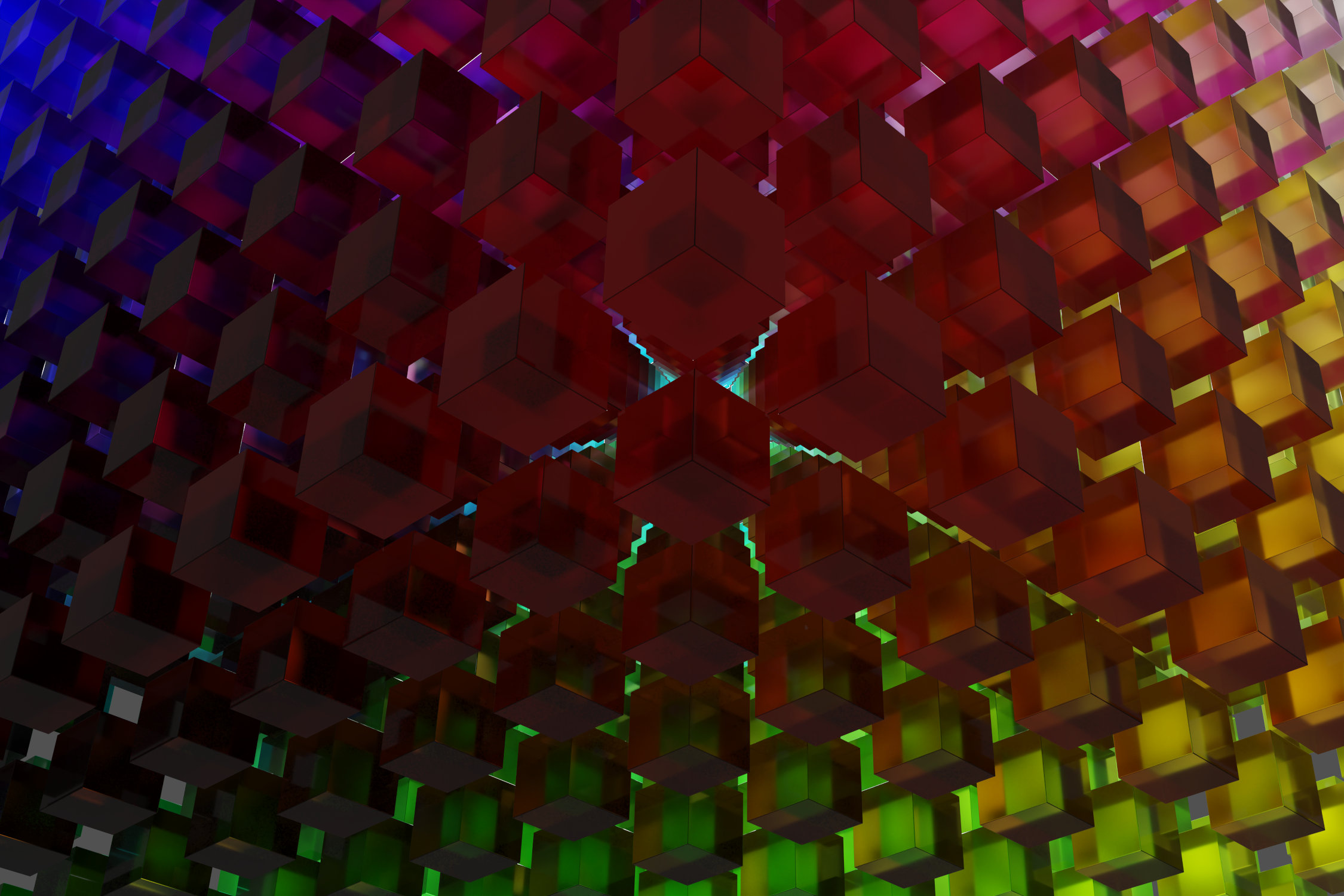 Virtual abstract scenery, Scenic abstract digital contemporary art, Raytracing, Computer-rendered image, 2023. Fine Art Print 60 x 40cm on photographic paper, mounted on Alu-Dibond®. Limited Edition 1/1. 1000 colored glass cubes form one big cube.