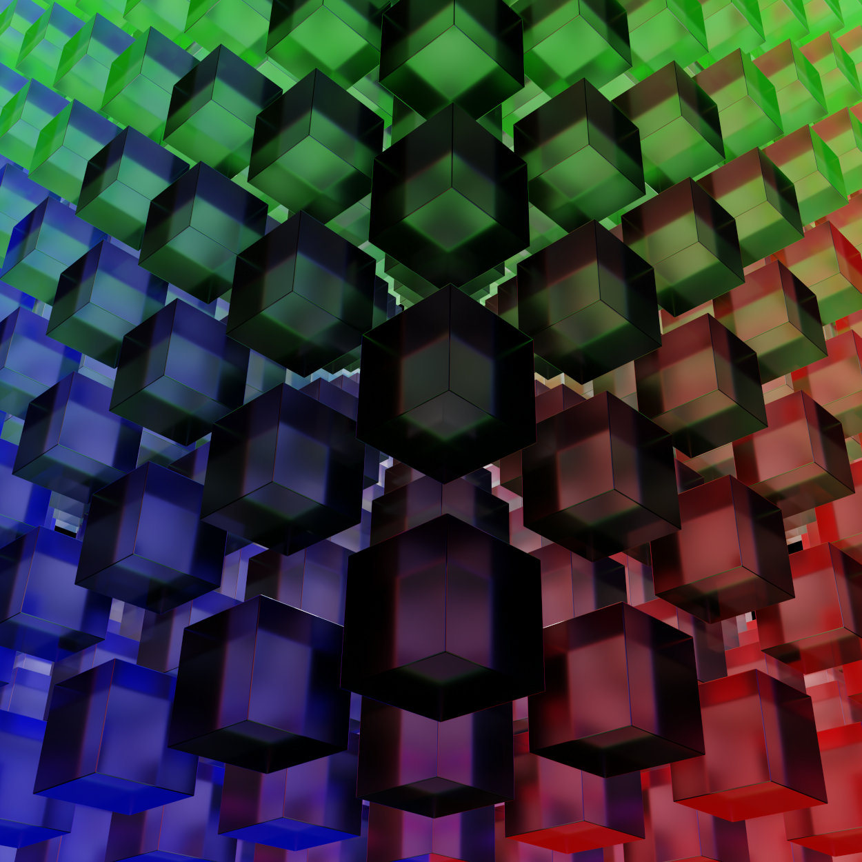 Virtual photography, Minimalistic abstract photo art, Limited edition contemporary 3D digital art for collectors, VFX computer-rendered image, 2023. Fine Art Print 50 x 50cm on photographic paper, mounted on Alu-Dibond®. Limited Edition 1/1. 1000 clear glass cubes form one big cube, which is illuminated from three sides with different colors.