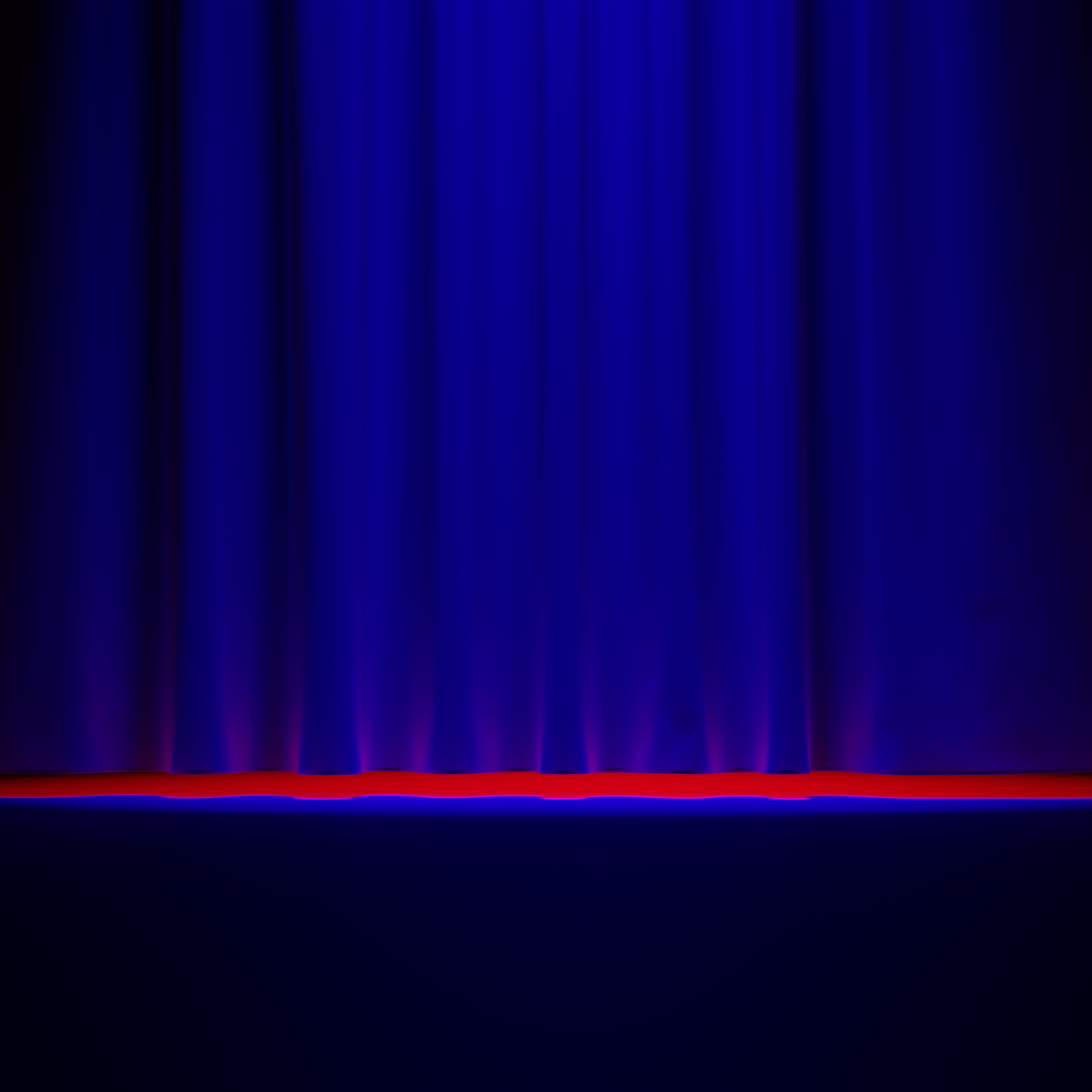 Virtuelle abstrakte Szenerie, Abstrakte digitale Kunst, Raytracing, Computer-gerendertes Bild, 2022. Die Szene erinnert an ein Theater, in dem man vor einem blau beleuchteten, noch geschlossenen Vorhang sitzt. Ein starkes rotes Licht, das durch den Spalt zwischen Vorhang und Bühne scheint, deutet an, dass bald etwas passieren wird.