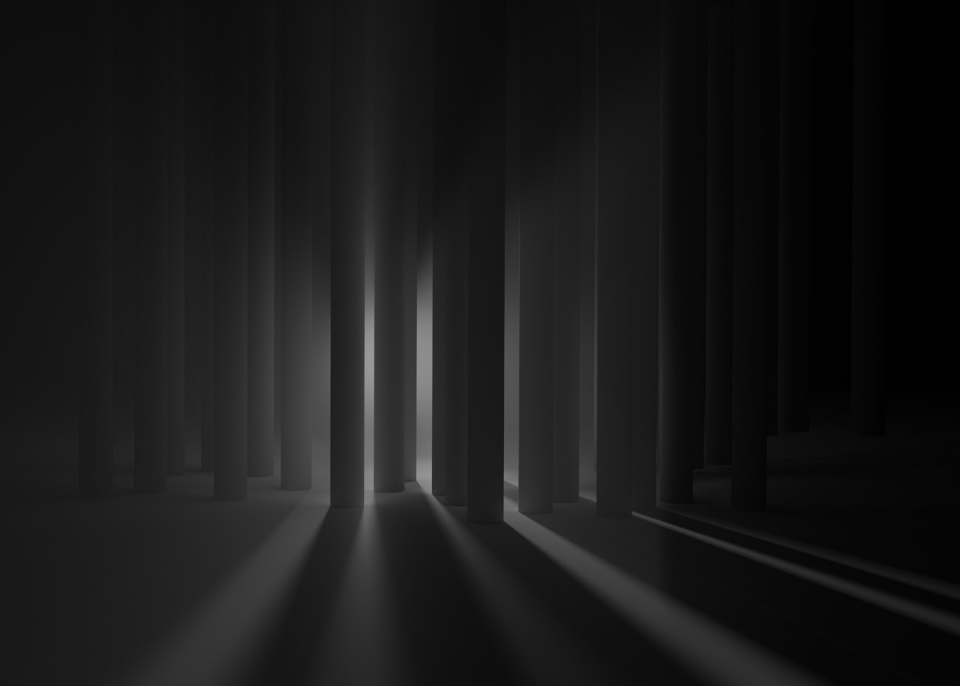 Virtual abstract scenery, abstract digital art, raytracing, computer-rendered image, 2020: Many cylindrical pillars stand in darkness in front of the viewer and block the view of a large illuminated spot behind them.