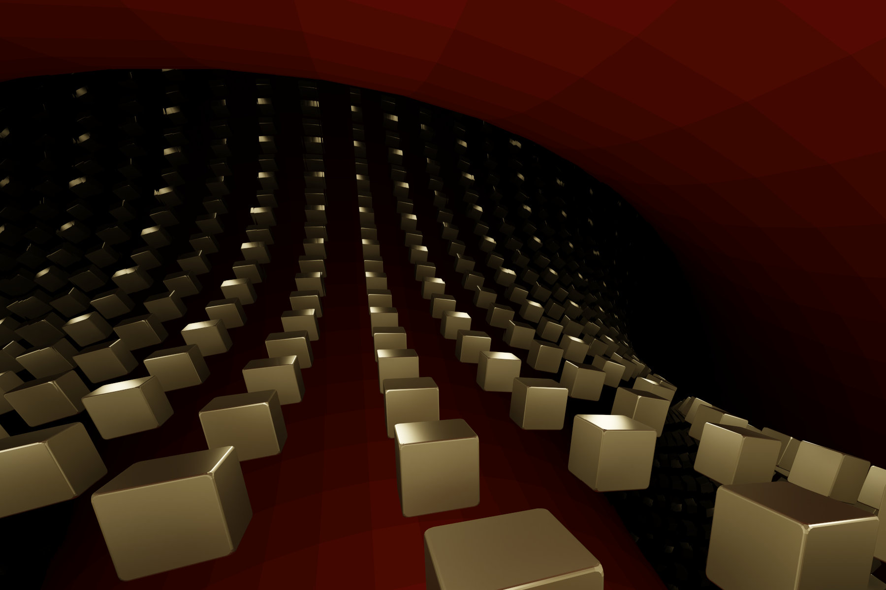 Virtual abstract scenery, Abstract digital art, Raytracing, Computer-rendered image, 2022. A golden cube appears in many reflected images on a curved red surface.