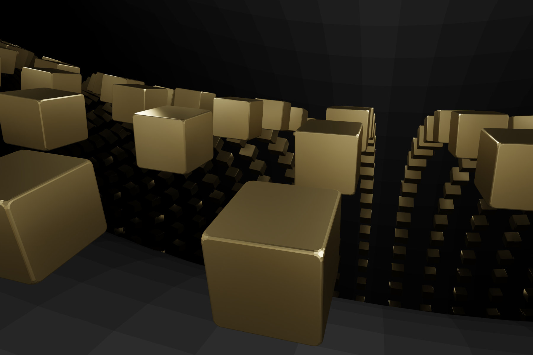 Virtual abstract scenery, Abstract digital art, Raytracing, Computer-rendered image, 2022. A golden cube appears in many reflected images on a curved grey surface.