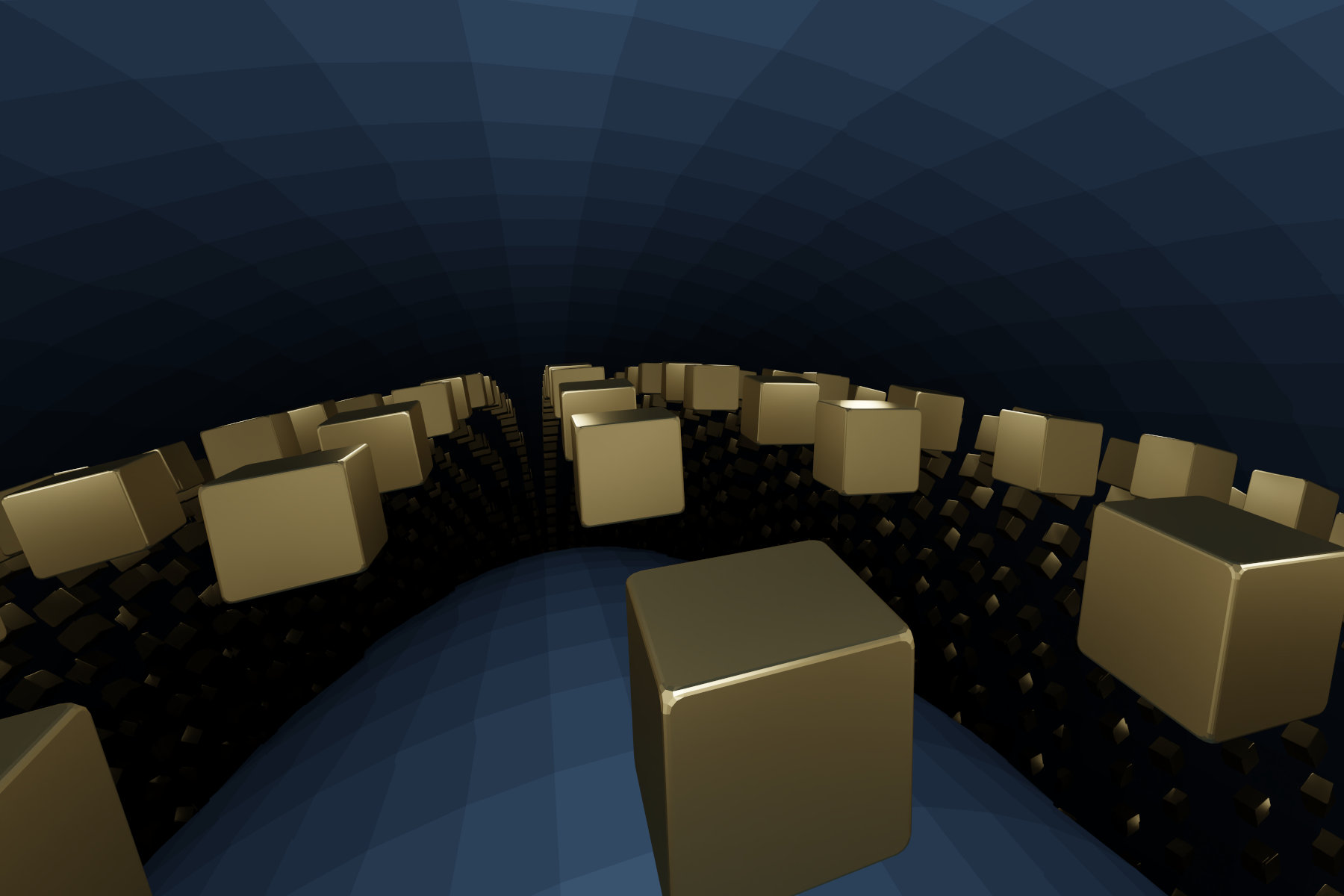 Virtuelle abstrakte Szenerie, Abstrakte digitale Kunst, Raytracing, Computer-gerendertes Bild, 2022. Ein goldener Würfel erscheint in vielen Spiegelbildern auf einer gebogenen blauen Fläche.