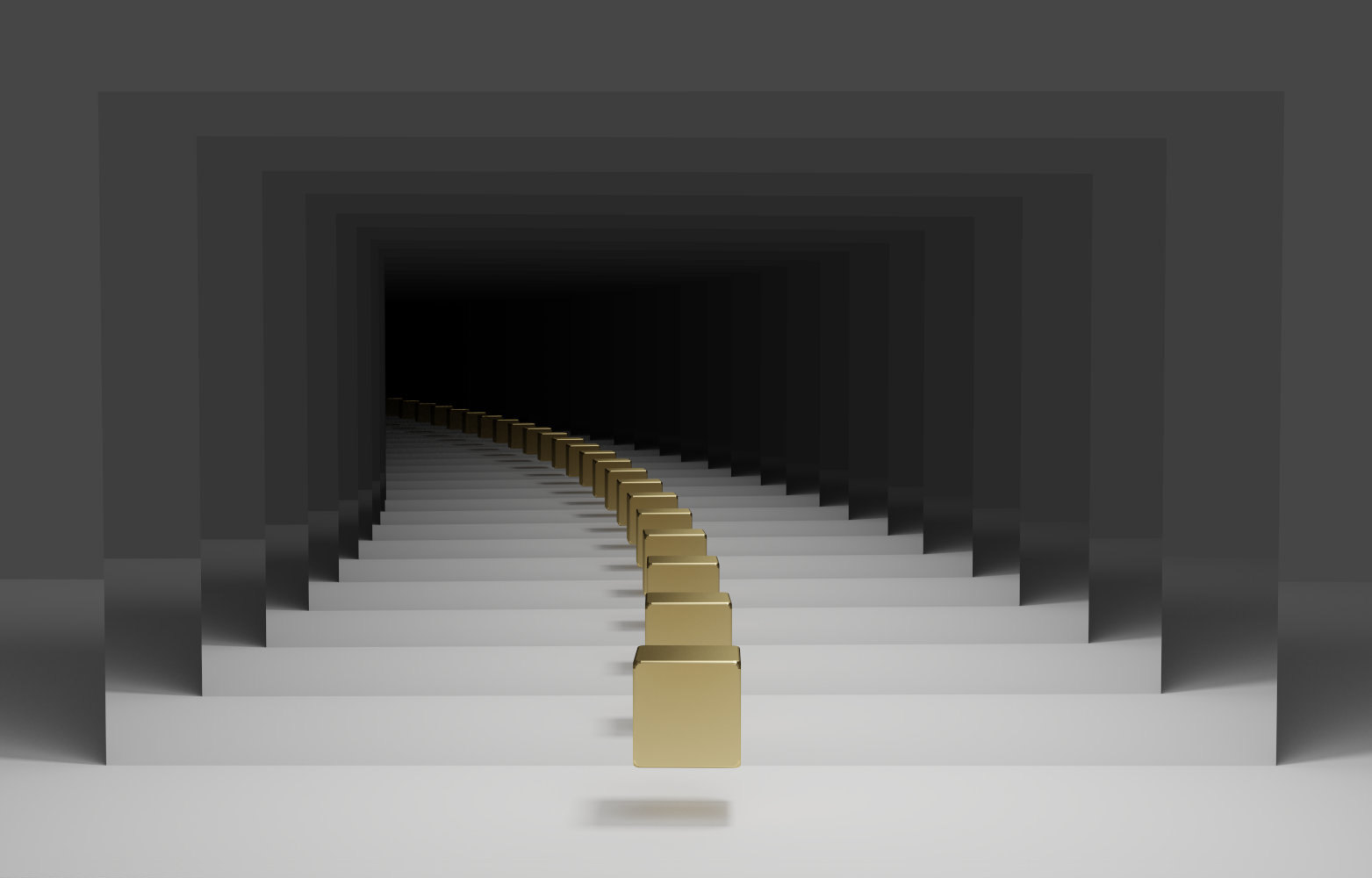 Virtual photography, Minimalistic abstract photo art, Limited edition contemporary 3D digital art for collectors, VFX computer-rendered image, 2020: A golden cube hovers between two mirrors and casts a shadow on the floor. The image of the mirror multiplies infinitely. One of the mirrors is slightly tilted, so that the cube row bends to the left and disappears in the dark.