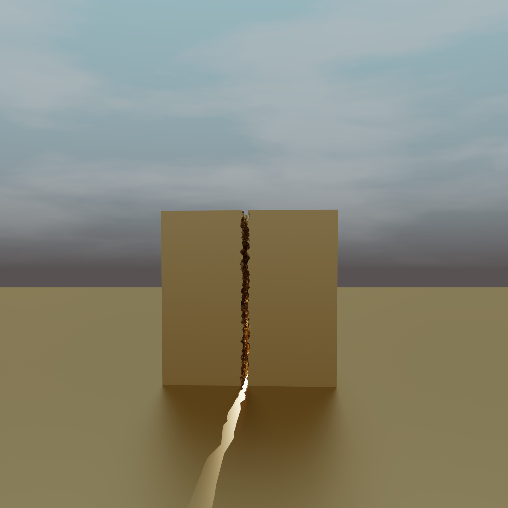 Virtual abstract scenery, Abstract digital art, Raytracing, Computer-rendered image, 2022. A golden cube breaks in half in front of a cloudy sky. From its centre emerges a mysterious glow of light that illuminates the ground.