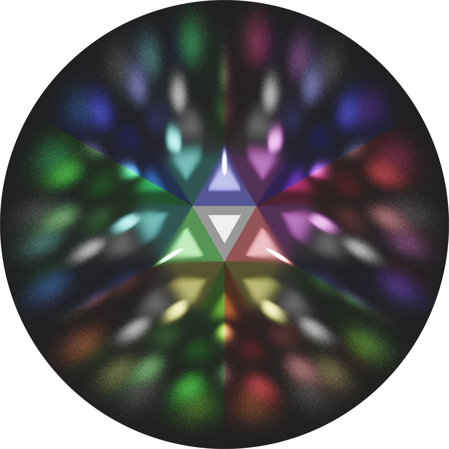 Virtual photography, Minimalistic abstract photo art, Limited edition contemporary 3D digital art for collectors, VFX computer-rendered image, 2024. Fine Art Print 50cm diam., mounted on Alu-Dibond®. Limited Edition 1/1. A white triangle is located in the middle of three red, green, and blue mirrors with defined surface roughness. The mirrors are tilted against each other and form reflections with spherical symmetry.