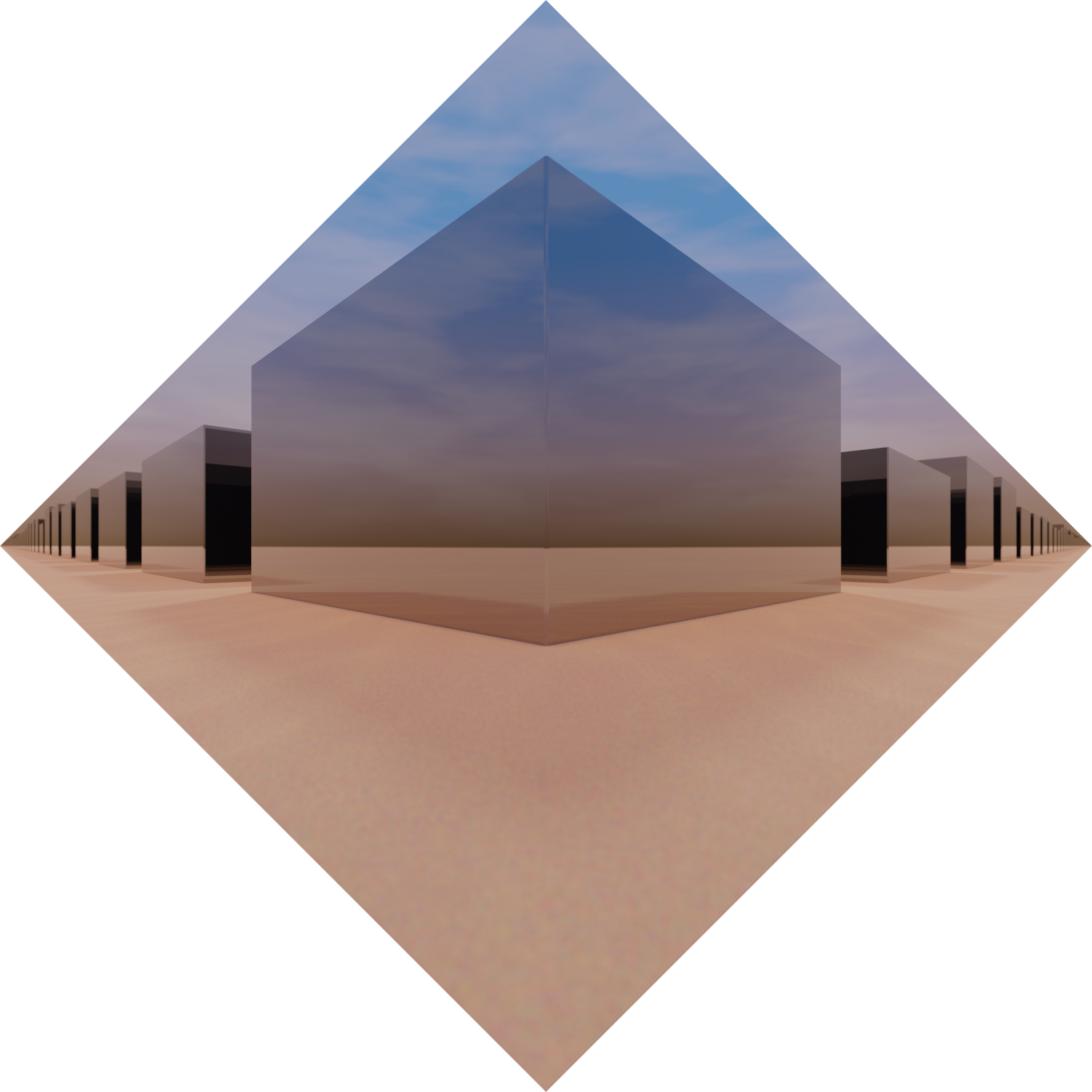 Virtual photography, Minimalistic abstract photo art, Limited edition contemporary 3D digital art for collectors, VFX computer-rendered image, 2023. Fine Art Print 50 x 50cm on photographic paper, mounted on Alu-Dibond®. Limited Edition 1/1. The work presents an abstract landscape composed of metal cubes of varying heights that are arranged in a square grid.