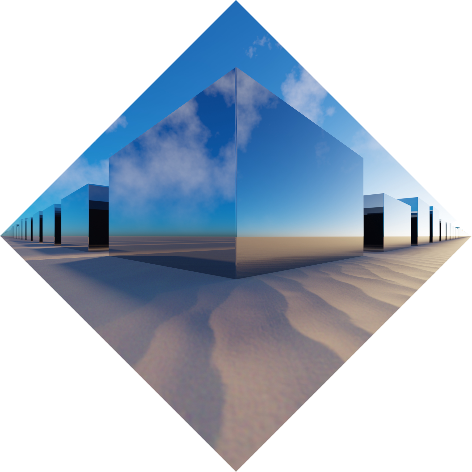 Virtual photography, Minimalistic abstract photo art, Limited edition contemporary 3D digital art for collectors, VFX computer-rendered image, 2025. Fine Art Print 71 x 71cm on Alu-Dibond®. Limited Edition 1/1. The image shows an abstract landscape consisting of metal cubes of varying heights arranged in a desert landscape on a square grid, reminiscent of a city.