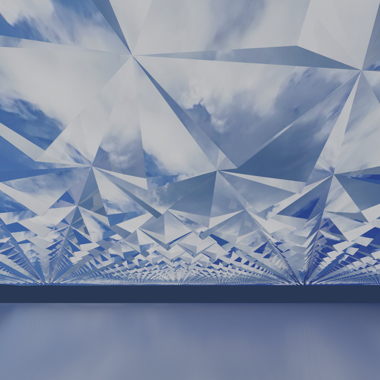 Virtual photography, Minimalistic abstract photo art, Limited edition contemporary 3D digital art for collectors, VFX computer-rendered image, 2023. Fine Art Print 50 x 50cm on photographic paper, mounted on Alu-Dibond®. Limited Edition 1/1. A blue sky is distorted by a glass crystal surface made of countless tetrahedrons.