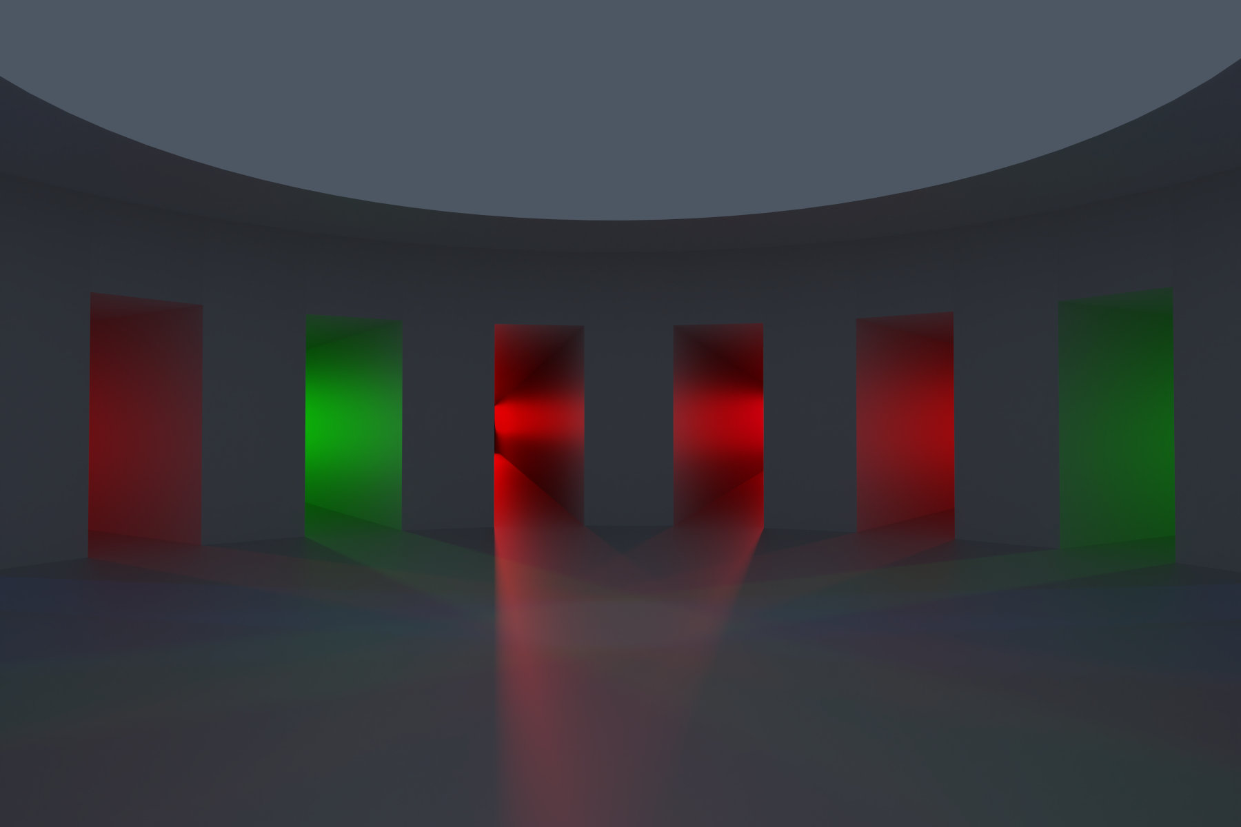 Virtual abstract scenery, Abstract digital art, Raytracing, Computer-rendered image, 2022. The viewer finds himself in a round room with several possible exits. Two of them are illuminated in green, the rest in red color. The question arises which exit is the best.