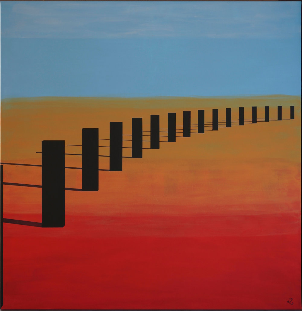 Abstract acrylic painting, 2017 at first free design of three colour surfaces, later transfer of the picture into 3D construction and finally painted over in stencil technique, 2018. Viewer stands on red ground in the desert and sees the cool blue sky in the far distance. The way there is marked by a row of black posts in a curve.