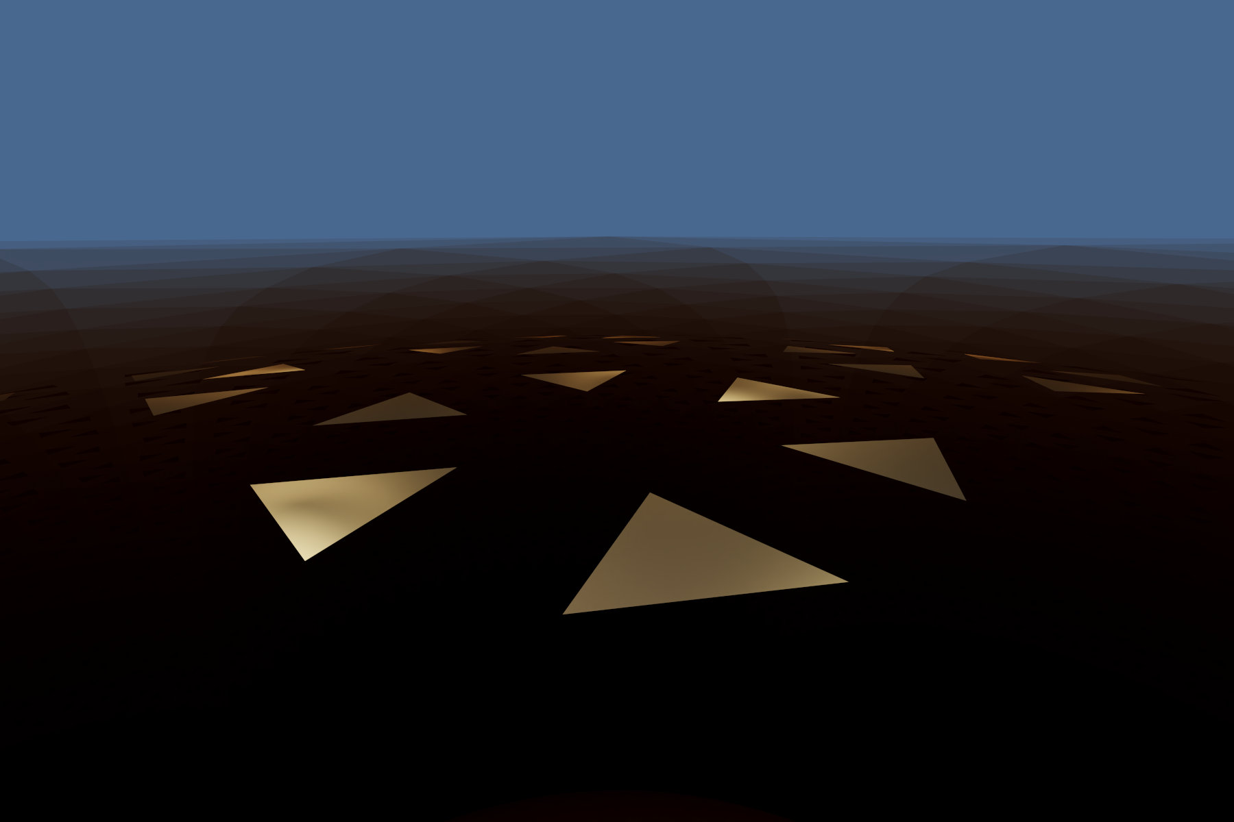 Virtuelle abstrakte Szenerie, Abstrakte digitale Kunst, Raytracing, Computer-gerendertes Bild, 2022. Ein goldenes Dreieck erscheint in vielen Spiegelbildern auf einer gebogenen Fläche. Der blaue Hintergrund suggeriert den Eindruck einer Wasserfläche.