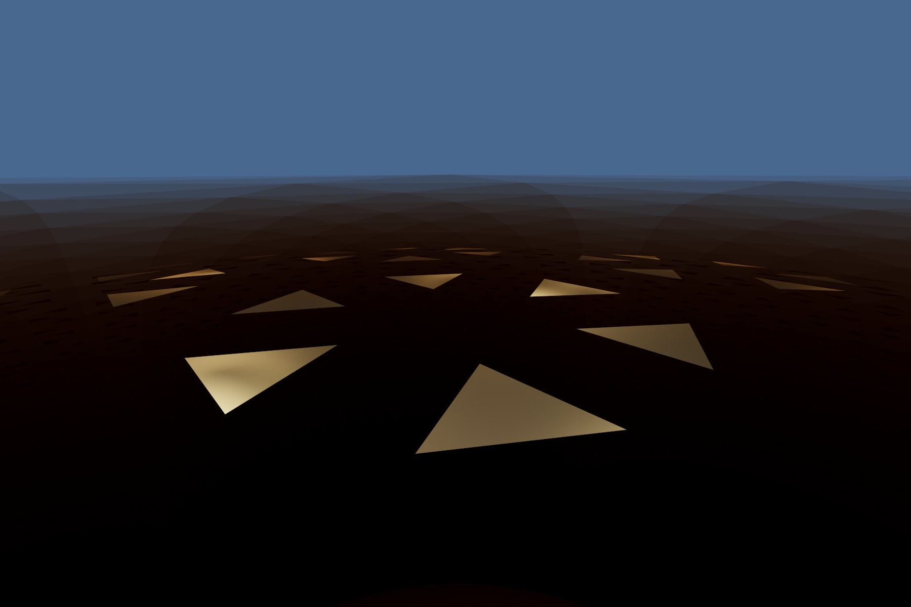 Virtual photography, Minimalistic abstract photo art, Limited edition contemporary 3D digital art for collectors, VFX computer-rendered image, 2022. A golden triangle appears in numerous mirror images on a curved surface. The blue background suggests the impression of a water surface.