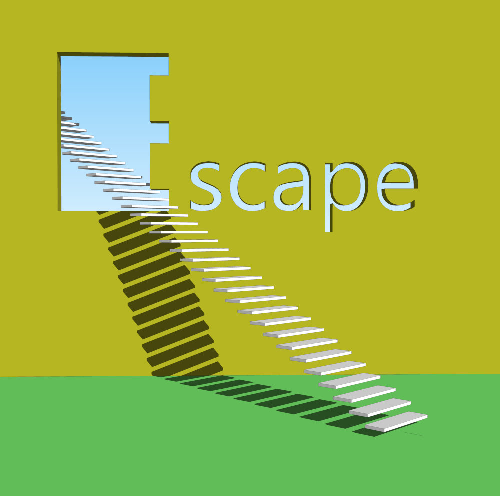 Abstract scenic 3D art, raytracing, 2016: A staircase allows escape through a wall in which the word Escape is engraved.