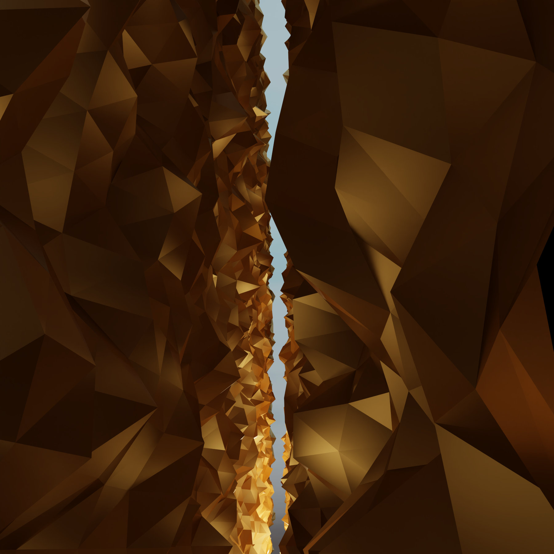 Virtual abstract scenery, Abstract digital art, Raytracing, Computer-rendered image, 2022. The viewer stands in the middle of a gap in a broken golden cube and sees light at the end of the gap.