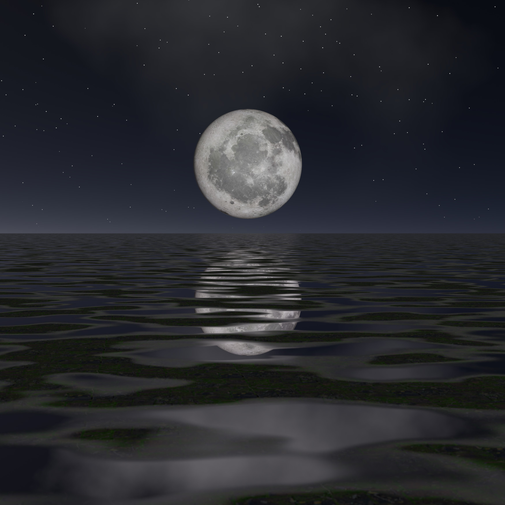 Virtual photography, Minimalistic abstract photo art, Limited edition contemporary 3D digital art for collectors, VFX computer-rendered image, 2025. Fine Art Print Print 50 x 50cm, mounted on Alu-Dibond®. Limited Edition 1/1. Moon and stars in the midnight blue sky illuminate a rain-soaked meadow.