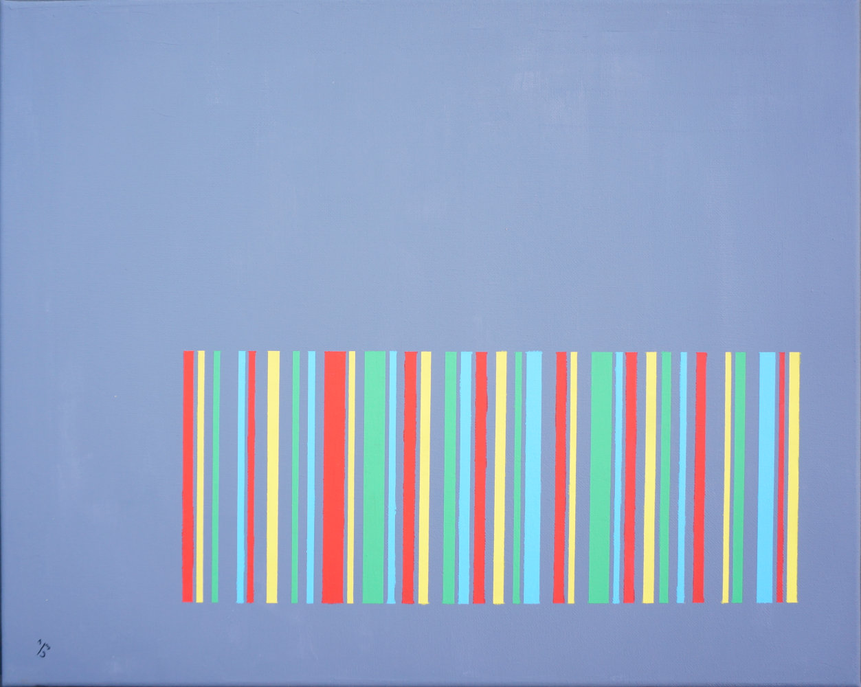 abstract acrylic painting, design in 3D construction program, execution in stencil technique, 2012. in front of a blue background there is a barcode-like arrangement of stripes in red, green and yellow. Scanning the barcode would give the title of the work.