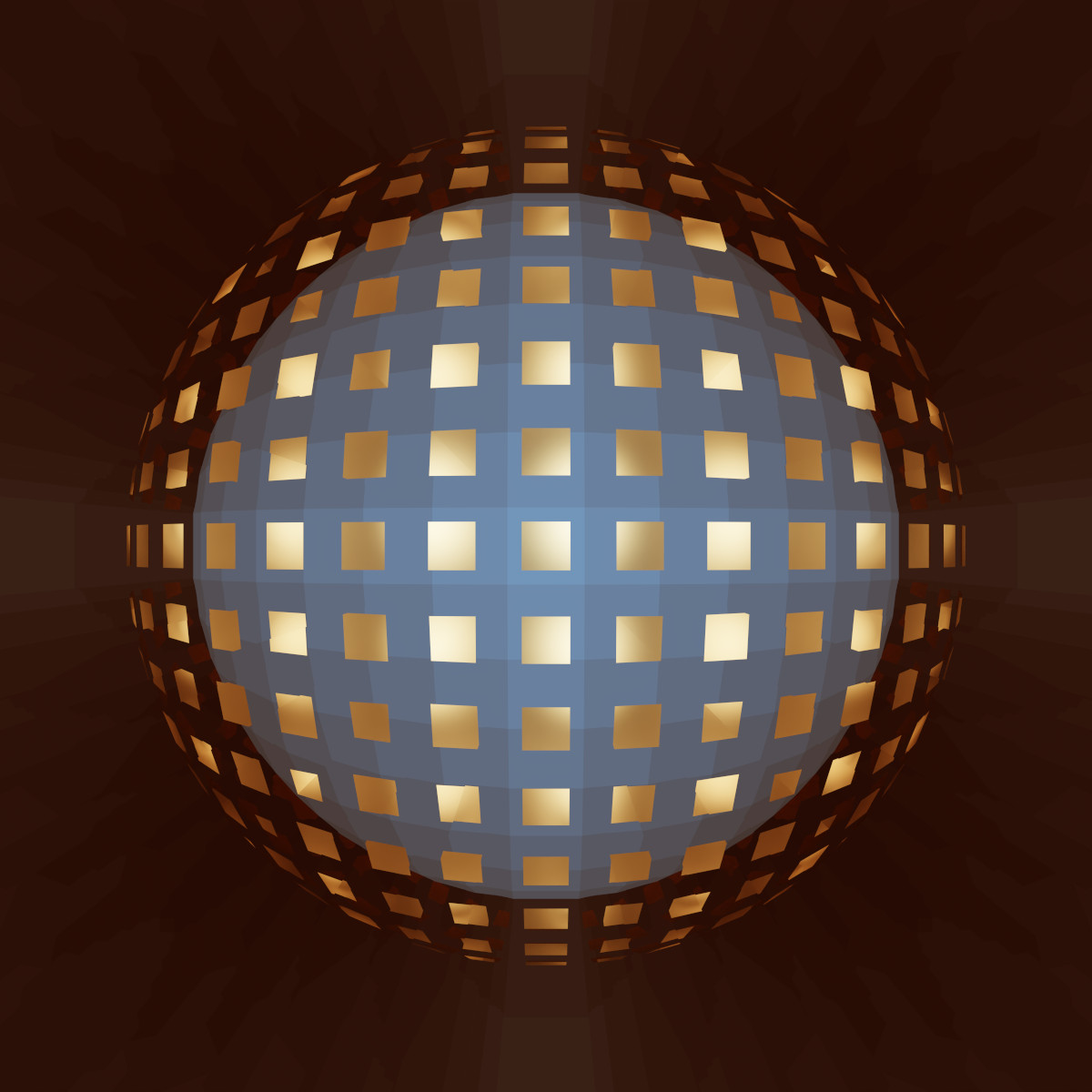 Virtual photography, Minimalistic abstract photo art, Limited edition contemporary 3D digital art for collectors, VFX computer-rendered image, 2022. A golden square appears in many reflections forming a seemingly perfect sphere.