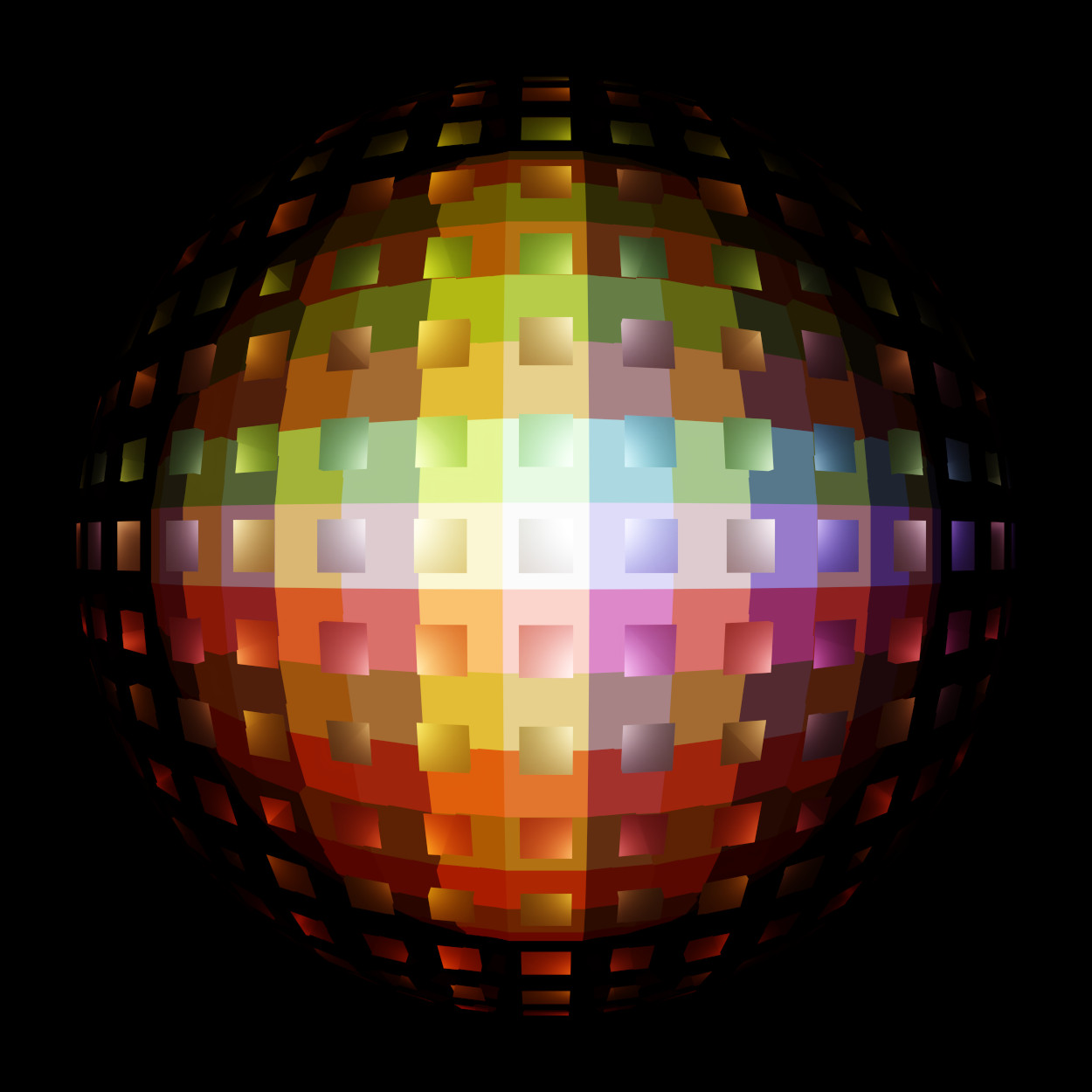 Virtual photography, Minimalistic abstract photo art, Limited edition contemporary 3D digital art for collectors, VFX computer-rendered image, 2024. Fine Art Print 50 x 50cm, mounted on Alu-Dibond®. Limited Edition 2/2. A white square located in the middle of four different colored mirrors is shining in many different colors. The reflections form a seemingly perfect sphere.