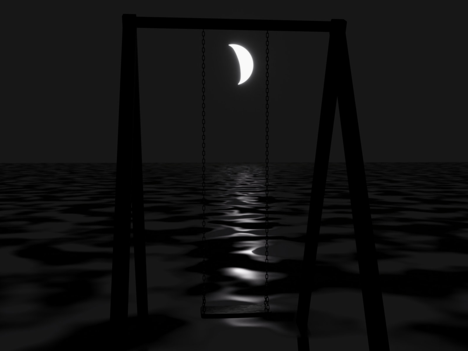 Virtual abstract scenery, Abstract digital art, Raytracing, Computer-rendered image, 2021. A child's swing stands alone and lost in the backlight of the moon on a bare, flat surface in the dark of night. It has been raining and the crescent moon is reflected in the puddles.
