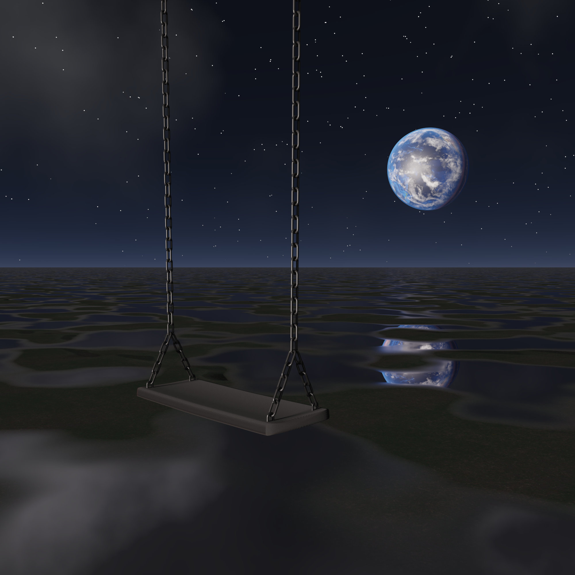 Virtual photography, Minimalistic abstract photo art, Limited edition contemporary 3D digital art for collectors, VFX computer-rendered image, 2025. Fine Art Print Print 60 x 60cm, mounted on Alu-Dibond®. Limited Edition 1/1. The planet Earth and stars in the night sky shine down on a lonely swing in a rain-wet meadow somewhere in outer space.