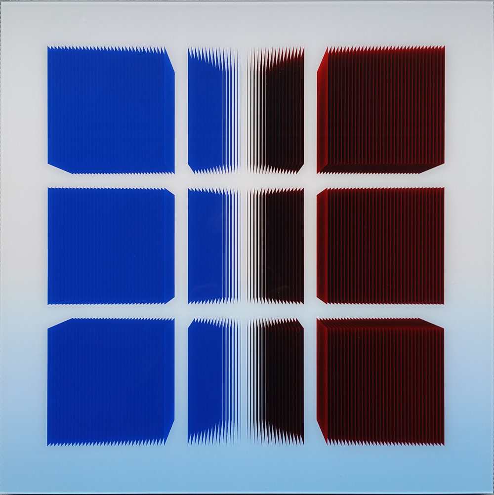 Abstract scenic 3D art, raytracing. Thin vertical sheets of paper hang in a room with their edges facing the viewer, 2016. All sheets are colored red on the left side and blue on the right side. The sheets are arranged in 9 cubes from closely packed stacks, always leaving some air between the sheets. The perspective gives the impression of partly cube-shaped, partly curved forms.
