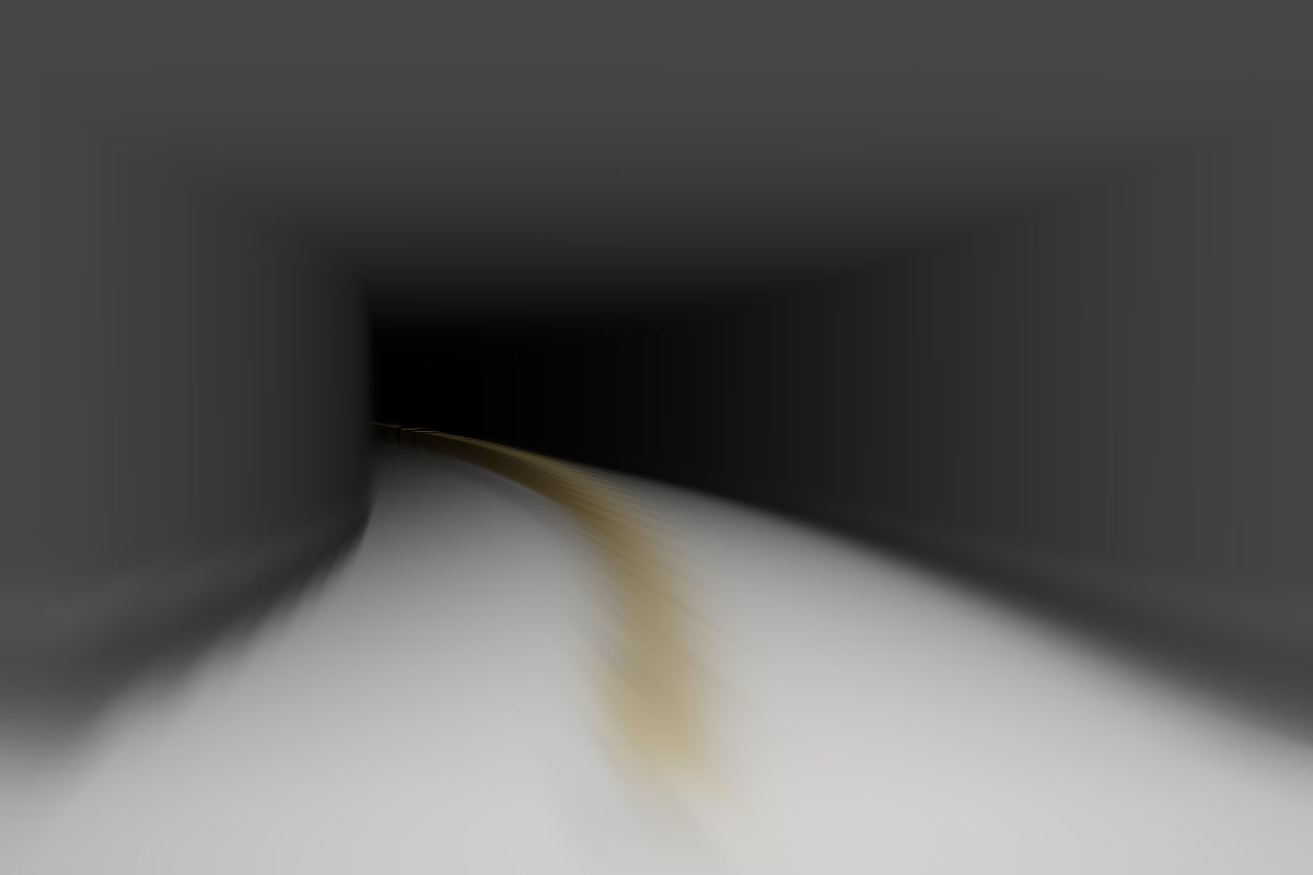 Virtual abstract scenery, abstract digital art, raytracing, computer-rendered image, 2020. A golden something seems to come out of the darkness of a tunnel onto the viewer at high speed
