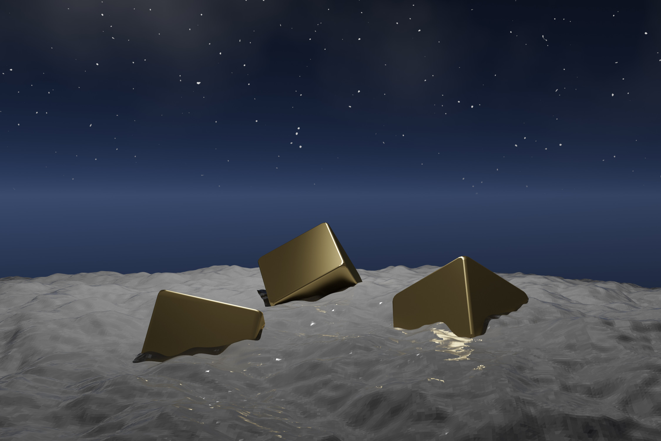 Virtual photography, Minimalistic abstract photo art, Limited edition contemporary 3D digital art for collectors, VFX computer-rendered image, 2024. Fine Art Print 17 x 12 .. 60 x 40cm, mounted on Alu-Dibond®. Limited Edition 14/14. Three golden cubes trapped in ice are waiting to be found.