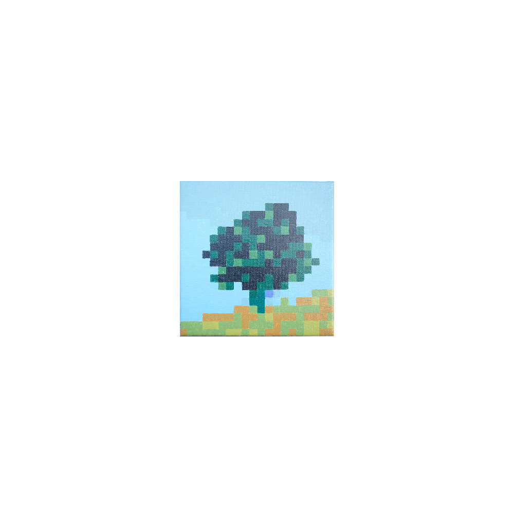 Abstract acrylic painting, design in image processing software, execution in free brushstroke. A tree stands on a summer meadow, 2012. 20 x 20 colour pixels from a very limited colour palette generate this representation.